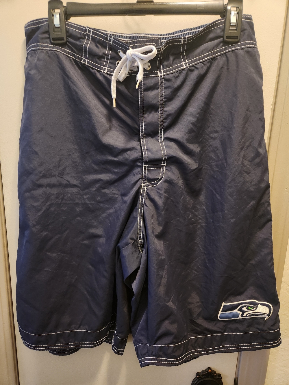 Men's Navy Blue Seahawk Logo Swim Board Shorts with Drawstring